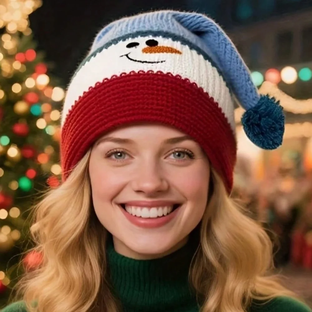 Cozy Snowman Color Block Pom Knit Christmas Holiday Beanie - Picture 1 of 4